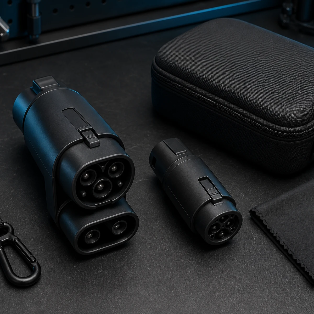 EV charging gear Level 2 Tesla (NACS) Portable Charger (NEMA 14-50 Version) + Charger Handle Dock and J-Hook Bundle